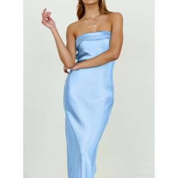 MEROKEETY Women Strapless Silk Tube Top Maxi Dress Backless Elegant Satin Bodycon Formal Gowns LightBlue X-Large
