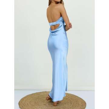 MEROKEETY Women Strapless Silk Tube Top Maxi Dress Backless Elegant Satin Bodycon Formal Gowns LightBlue X-Large
