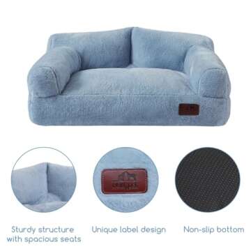 Hollypet Fluffy Plush Pet Cat Couch Soft Calming Pet Sofa Beds for Medium Small Cats and Dogs, Sky Blue