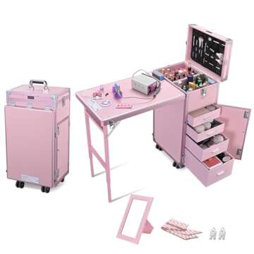 BYOOTIQUE Rolling Manicure Table Portable Nail Table Foldable Nail Desk Travel Makeup Train Case Cosmetic Trolley Storage Organizer with 4 Drawers Mirror & Speaker for Nail Tech Workstation Mua, Pink