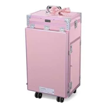 BYOOTIQUE Rolling Manicure Table Portable Nail Table Foldable Nail Desk Travel Makeup Train Case Cosmetic Trolley Storage Organizer with 4 Drawers Mirror & Speaker for Nail Tech Workstation Mua, Pink