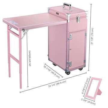 BYOOTIQUE Rolling Manicure Table Portable Nail Table Foldable Nail Desk Travel Makeup Train Case Cosmetic Trolley Storage Organizer with 4 Drawers Mirror & Speaker for Nail Tech Workstation Mua, Pink