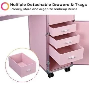 BYOOTIQUE Rolling Manicure Table Portable Nail Table Foldable Nail Desk Travel Makeup Train Case Cosmetic Trolley Storage Organizer with 4 Drawers Mirror & Speaker for Nail Tech Workstation Mua, Pink