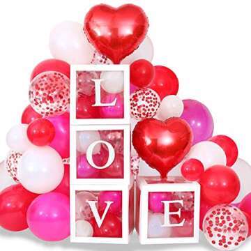 Valentines Day Balloon Boxes,Red Hot Pink White Balloons White Boxes with Letter LOVE Red Heart Foil...