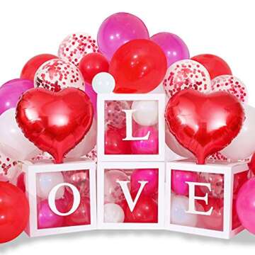 Valentines Day Balloon Boxes,Red Hot Pink White Balloons White Boxes with Letter LOVE Red Heart Foil Balloon for Valentines Day Proposal Engagement Wedding Party Decoration