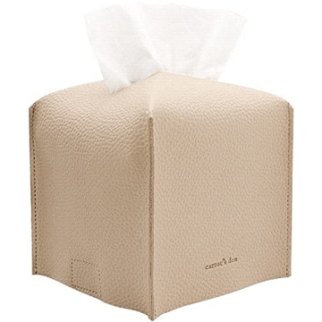 Tissue Box Cover Holder, Square with Bottom Belt by Carrot's Den - PU Leather Decorative Organizer for Tabletop, Bathroom, Car, Office | Beige