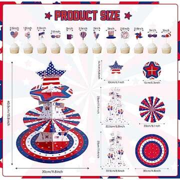 3 Tier Red White and Blue Star Cupcake Stand and Toppers for 24 Cupcakes American Flag Patriotic Cup...
