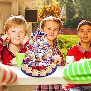 3 Tier Red White and Blue Star Cupcake Stand and Toppers for 24 Cupcakes American Flag Patriotic Cupcake Holder Tower for 4th of July Decorations Independence Day Freedom Decoration Party Supplies