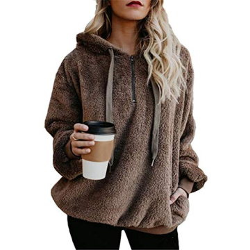 ReachMe Women's Oversized Sherpa Pullover Hoodie with Pockets - Fuzzy Fleece Plaid Jacket (Brown, S)