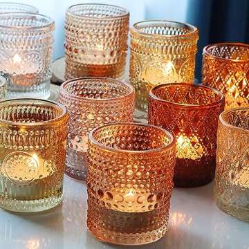 12 pcs Glass Votive Candle Holders, 6 Colors 3 Patterns Tealight Candle Holders for Fall Wedding Table Centerpiece Birthday Decoration