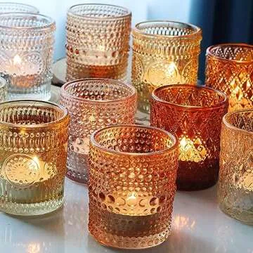 12 pcs Glass Votive Candle Holders, 6 Colors 3 Patterns Tealight Candle Holders for Fall Wedding Table Centerpiece Birthday Decoration