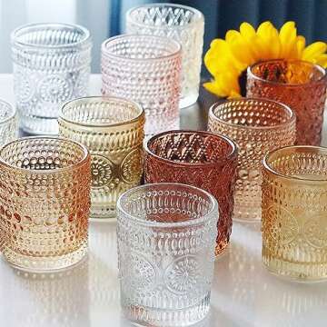 12 pcs Glass Votive Candle Holders, 6 Colors 3 Patterns Tealight Candle Holders for Fall Wedding Table Centerpiece Birthday Decoration