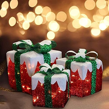 MorTime Set of 3 LED Gift Boxes - Lighted Christmas Boxes with Green Bows