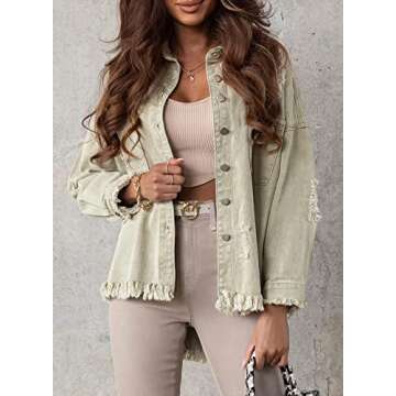 EVALESS Jackets for Women Casual Green Jean Jackets for Women Fashion 2023 Dressy Distressed Frayed Denim Jacket Jean Western Shirt for Women Trendy Spring Fall Outfits Clothes with Pockets,Small