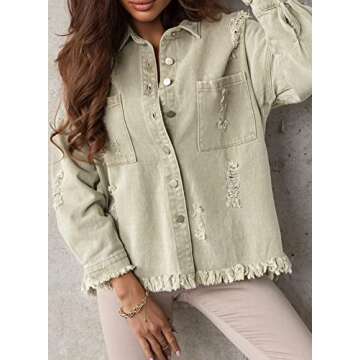 EVALESS Jackets for Women Casual Green Jean Jackets for Women Fashion 2023 Dressy Distressed Frayed Denim Jacket Jean Western Shirt for Women Trendy Spring Fall Outfits Clothes with Pockets,Small