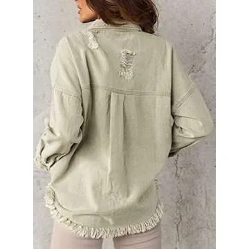 EVALESS Jackets for Women Casual Green Jean Jackets for Women Fashion 2023 Dressy Distressed Frayed Denim Jacket Jean Western Shirt for Women Trendy Spring Fall Outfits Clothes with Pockets,Small