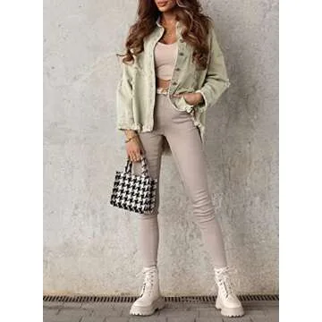 EVALESS Jackets for Women Casual Green Jean Jackets for Women Fashion 2023 Dressy Distressed Frayed Denim Jacket Jean Western Shirt for Women Trendy Spring Fall Outfits Clothes with Pockets,Small