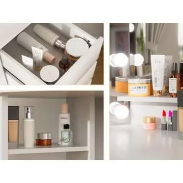 Soldow Vanity Desk with Mirror & Lights, White Makeup Desk with 5 Drawers, Corner Vanity Dressing Table for Bedroom Woman Girls