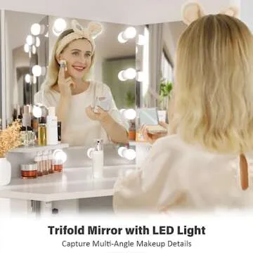 Soldow Vanity Desk with Mirror & Lights, White Makeup Desk with 5 Drawers, Corner Vanity Dressing Table for Bedroom Woman Girls
