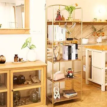 Crofy No Assembly Folding Bookshelf for Living Room, 5 Tier Gold Collapsible Book Shelf for Home Off...