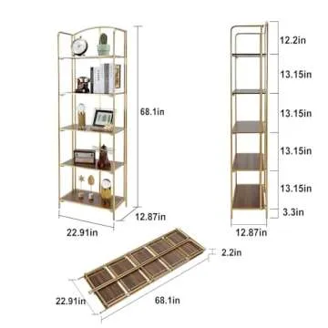 Crofy No Assembly Folding Bookshelf for Living Room, 5 Tier Gold Collapsible Book Shelf for Home Office, Portable Bookcase Storage Organizer
