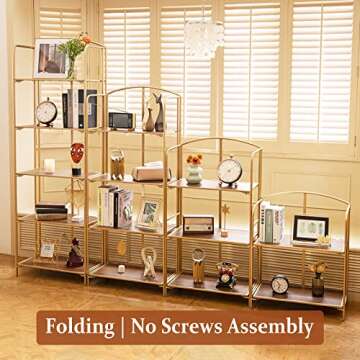 Crofy No Assembly Folding Bookshelf for Living Room, 5 Tier Gold Collapsible Book Shelf for Home Office, Portable Bookcase Storage Organizer