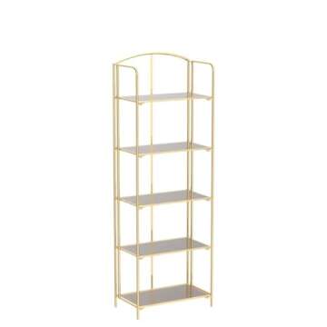 Crofy No Assembly Folding Bookshelf for Living Room, 5 Tier Gold Collapsible Book Shelf for Home Office, Portable Bookcase Storage Organizer