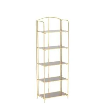 Crofy No Assembly Folding Bookshelf for Living Room, 5 Tier Gold Collapsible Book Shelf for Home Office, Portable Bookcase Storage Organizer
