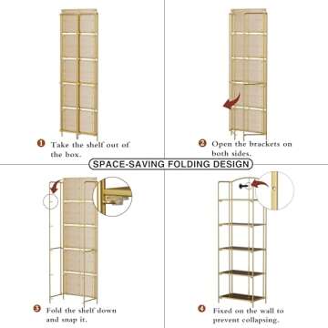 Crofy No Assembly Folding Bookshelf for Living Room, 5 Tier Gold Collapsible Book Shelf for Home Office, Portable Bookcase Storage Organizer