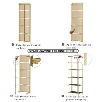 Crofy No Assembly Folding Bookshelf for Living Room, 5 Tier Gold Collapsible Book Shelf for Home Office, Portable Bookcase Storage Organizer