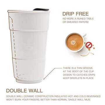 UDMG Ceramic Double Wall Insulated Travel Coffee Cup with Slider Lid and Silicone Sleeve