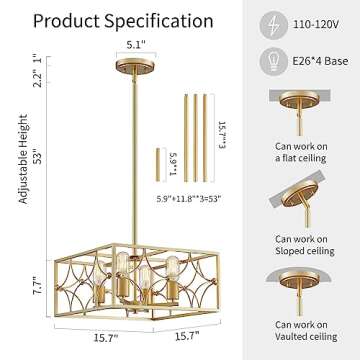 WUZUPS 4-Light Square Chandelier Pendant Ceiling Lighting Rustic Farmhouse Fixture for Kitchen Islan...