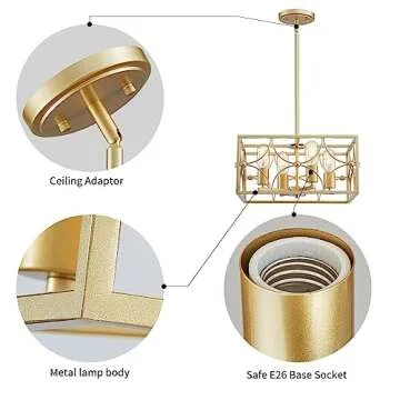 WUZUPS 4-Light Square Chandelier Pendant Ceiling Lighting Rustic Farmhouse Fixture for Kitchen Island Dining Room Entry, H 7.7" x W 15.7", E26 Base, Gold