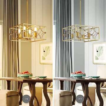 WUZUPS 4-Light Square Chandelier Pendant Ceiling Lighting Rustic Farmhouse Fixture for Kitchen Island Dining Room Entry, H 7.7" x W 15.7", E26 Base, Gold