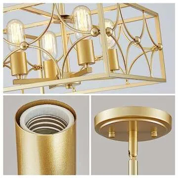 WUZUPS 4-Light Square Chandelier Pendant Ceiling Lighting Rustic Farmhouse Fixture for Kitchen Island Dining Room Entry, H 7.7" x W 15.7", E26 Base, Gold