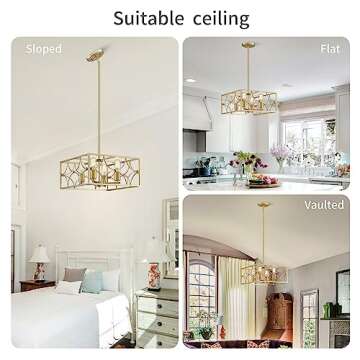 WUZUPS 4-Light Square Chandelier Pendant Ceiling Lighting Rustic Farmhouse Fixture for Kitchen Island Dining Room Entry, H 7.7" x W 15.7", E26 Base, Gold