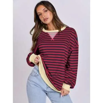 ANRABESS Women Striped Oversized Sweatshirt Long Sleeve Crewneck Shirts 2025 Fall Fashion Pullover Sweater Trendy Clothes Red Blue Small