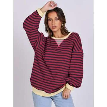 ANRABESS Women Striped Oversized Sweatshirt Long Sleeve Crewneck Shirts 2025 Fall Fashion Pullover Sweater Trendy Clothes Red Blue Small