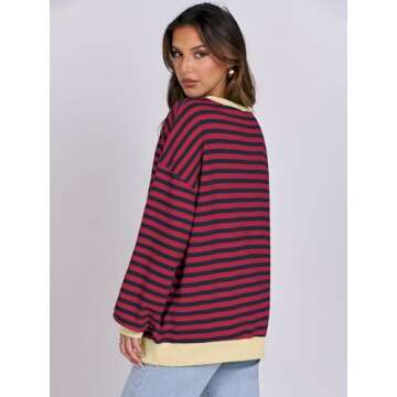 ANRABESS Women Striped Oversized Sweatshirt Long Sleeve Crewneck Shirts 2025 Fall Fashion Pullover Sweater Trendy Clothes Red Blue Small