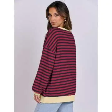 ANRABESS Women Striped Oversized Sweatshirt Long Sleeve Crewneck Shirts 2025 Fall Fashion Pullover Sweater Trendy Clothes Red Blue Small