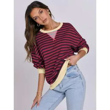 ANRABESS Women Striped Oversized Sweatshirt Long Sleeve Crewneck Shirts 2025 Fall Fashion Pullover Sweater Trendy Clothes Red Blue Small
