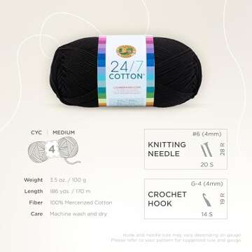 Lion Brand 24/7 Cotton Yarn, Lightweight Yarn for Knitting, Crocheting, and Crafts, Black, 1 Pack