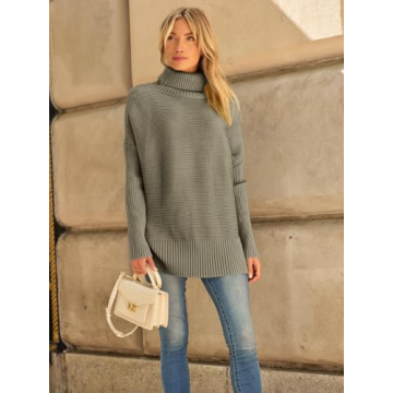 LILLUSORY Womens Turtleneck Oversized Tunic Fall Sweaters 2024 Trendy Casual Long Pullover Knit Winter Casual Cute Poncho Fashion Trendy Clothes Outfits Clothing Tops Light Khaki