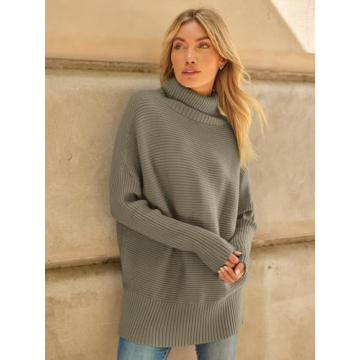 LILLUSORY Womens Turtleneck Oversized Tunic Fall Sweaters 2024 Trendy Casual Long Pullover Knit Winter Casual Cute Poncho Fashion Trendy Clothes Outfits Clothing Tops Light Khaki