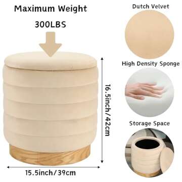 NEWIMAGE Round Ottoman Storage Box Dutch Velvet Pouffe Footstool 15.5'' Padded Stool Seat with Woode...