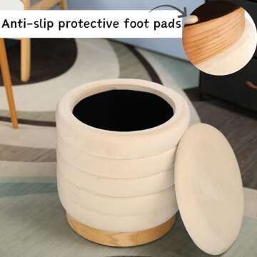 NEWIMAGE Round Ottoman Storage Box Dutch Velvet Pouffe Footstool 15.5'' Padded Stool Seat with Wooden Base, Footrest Vanity Stool with Lids for Bedroom Living Room Balcony Snack(Cream Horizontal Line)