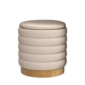 NEWIMAGE Round Ottoman Storage Box Dutch Velvet Pouffe Footstool 15.5'' Padded Stool Seat with Wooden Base, Footrest Vanity Stool with Lids for Bedroom Living Room Balcony Snack(Cream Horizontal Line)