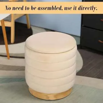 NEWIMAGE Round Ottoman Storage Box Dutch Velvet Pouffe Footstool 15.5'' Padded Stool Seat with Wooden Base, Footrest Vanity Stool with Lids for Bedroom Living Room Balcony Snack(Cream Horizontal Line)