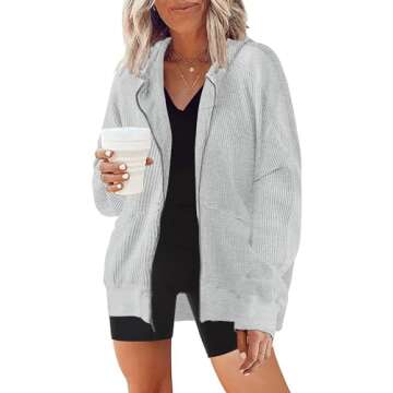 Shirt Jackets for Women 2025 Trendy Waffle Knit Tops Zip Up Hoodies Casual Long Batwing Sleeve Boyfr...