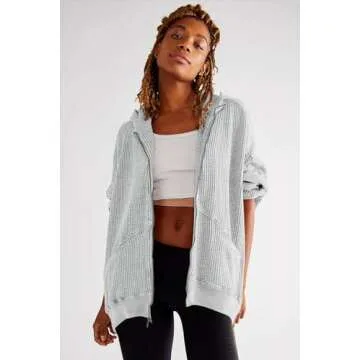 Shirt Jackets for Women 2025 Trendy Waffle Knit Tops Zip Up Hoodies Casual Long Batwing Sleeve Boyfriend Slouchy Sweater